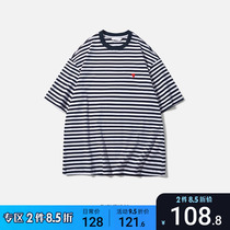 For Dreamers Summer new day series Treasure Blue and white strips of love embroidery 100 hitch round collar short sleeve mens T-shirt loose 100 hitch