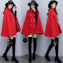 Cloak shawl coat women autumn and winter British small fragrant wind long popular red loose Hepburn hair coat