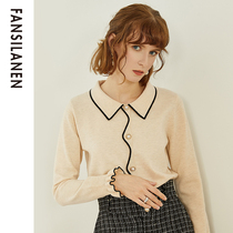 Fan Si Lanen polo knitted top womens long-sleeved gentle wind knitwear autumn and winter vintage sweater female pullover