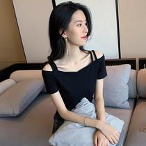 Dew Shoulder Short Sleeve T-shirt Woman Straight Shoulder Blouse Blouse Undershirt Black Tight Body Mesh Red Cotton Harness 2022 Chunxia