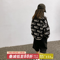 Girl Sweater 2022 Spring Autumn New Children Full Print Knit Cardiovert Boy Han Van Ocean Gas Black Spring Dress