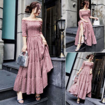 2021 summer Korean version with a shoulder-shoulder retro crummy long dress High waist display slim dew shoulder short sleeve over knee large swing dress woman