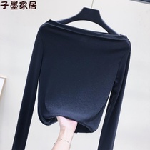 Candy color shoulder shoulder long sleeve leak shoulder T-shirt female base shirt slim stretch thread collar top tide