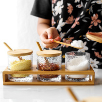 Japanese hammered glass bamboo and wood seasoning box set Household kitchen three-piece set Salt tank Sugar tank Seasoning seasoning bottle tank