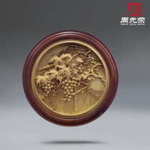 Zhou Xianrong grape round masters fruit laden pendant pure handmade magpie background wall Dingding to solid wood Dongyang wood carving