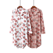 Pure Cotton Sleeping Skirt Woman Autumn Casual Long Sleeves Full Cotton Cardiovert of Peach Printed Medium Long Dress Sleepwear Spring Autumn