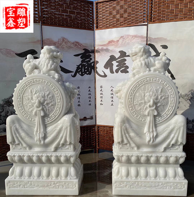 Shigu door piers A pair of white marble drum stone household door piers lions head sunset red bluestone antique Feng Shui ornaments