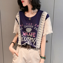 Lace sleeve splicing T-shirt women Summer Europe station 2021 New European tide short sleeve design sense niche print shirt