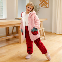 Girls Coral Velvet Three-Layer Cotton Pajamas Autumn and Winter Thickened Children Flannel Home Clothes Set Girls Long