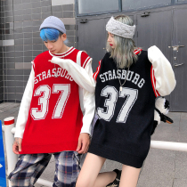 Autumn and winter fake two-piece jersey knitwear couple tops European and American street hip-hop loose oversize sweater