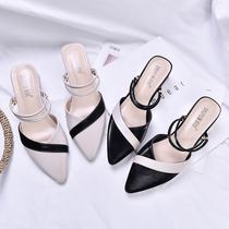 Baotou thick heel sandals women with skirt summer New pointed head Middle heel wear gentle fairy Wild Wild wear Half Drag