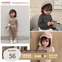 Young girl 2021 new autumn winter dress small children Foreign style mink turtleneck sweater children Joker striped top