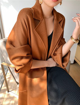 Caramel color water corrugated double-sided cashmere coat womens long loose Gu Jia with wool wool jacket autumn and winter