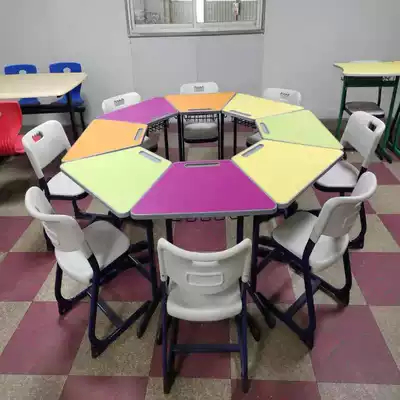 Hexagon group activity color combination splicing desks and chairs psychological consultation room layout tutorial table art table