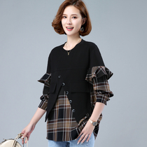Womens round neck pullover 2021 Autumn New Korean version of loose stitching fake two fashion trend plaid top