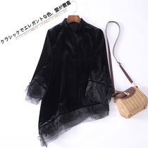Chinese Wind Womens Dress Improved Tang Dress Black Velvet Blouse Women Autumn Winter Chinese Embroidered Lace Irregular Blouses