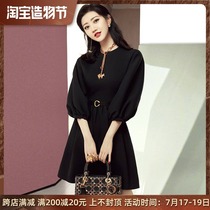 Jing sweet star with the same 2021 spring new popular skirt temperament seven-point sleeve waist thin black dress