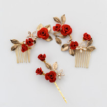 Retro brush rose thorn leaves red antique bride hair accessories hair comb toast red flowers simple headdress