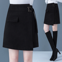 Woolen skirt womens 2020 autumn and winter new high-waisted black thin temperament irregular a-line skirt short skirt