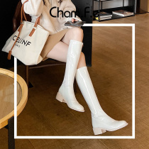 Beige patent leather boots autumn and winter New Round Head thick heel Knight boots 2021 middle heel no knee high boots 881B