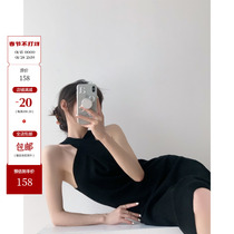 ICTS Autumn is suitable for coming back rice variegated black cross halter neck design buttons behind the knitted sundress