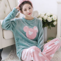 Autumn and winter coral velvet pajamas women winter long sleeves warm thickened plus velvet cute flannel home suit