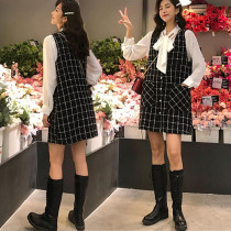 Autumn dress new large size chiffon white shirt single-breasted vest skirt two-piece temperament versatile plaid dress