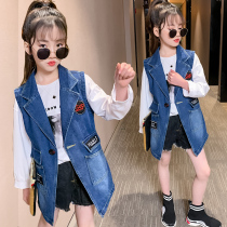 Girl Cowboy Waistcoat Spring Autumn Clothing 2022 New CUHK Suit Kan Shoulder children with long vest windsurges