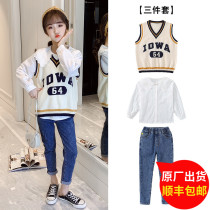 Girl Set 2021 Spring and Autumn New style in the big children casual sweater vest fashion jeans three-piece tide