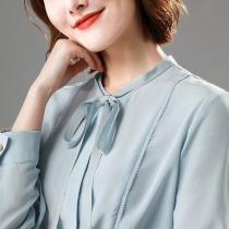 2020 new spring and summer silk shirt Womens bow neck shirt pullover solid color long sleeve mulberry silk shirt