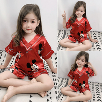 Girls Ice Silk Pajamas Summer Kids Thin Baby Summer Short Sleeve Parent-child Simulation Silk Home Clothing Sets