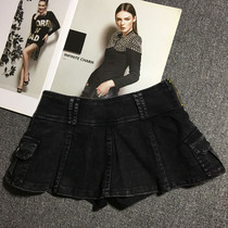 European Station Spring and Autumn new short skirt pants Joker denim miniskirt anti-slip pleated skirt slim womens pants skirt