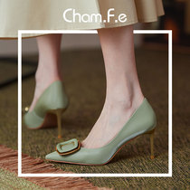 French pointed square button high heels professional OL heel shoes autumn new leather niche green women shoes 379S