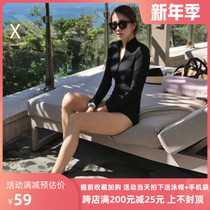 Korean swimwear thin black long sleeve front zipper snorkeling triangle one-piece swimsuit female Conservative belly hot spring