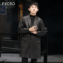Men's long vegetable tanned sheep leather windbreaker slim trend winter new suit collar motorcycle jacket men
