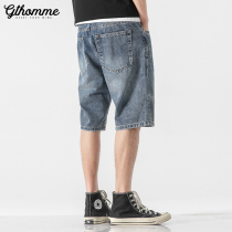 Pants mens summer thin mens denim shorts loose straight trend Joker printing outside wear Tide brand five-point pants
