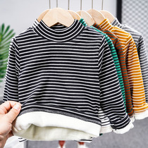 Childrens high neck base shirt cotton 2021 autumn winter girls boys plus velvet striped T-shirt baby long sleeve shirt