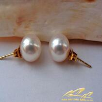 18K White Gold Natural Seawater Pearl South Pearl Earrings Earrings 9-9 5mm Positive Round Japanese Flower Beads Shine