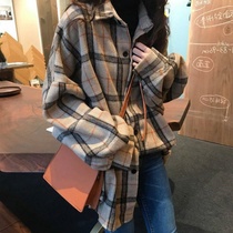 Autumn and winter new lazy wind thickened wool shirt retro plaid medium-long loose long-sleeved shirt top jacket