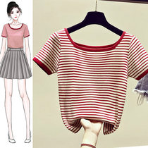 Ice silk short sleeve t-shirt women short summer 2021 New Slim Skinny Korean striped ins tide sweater top