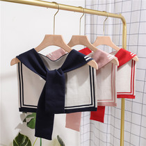 Net red ins shoulder small shawl Korean knitted knotted air conditioning room scarf female autumn and winter outside Navy wind shawl