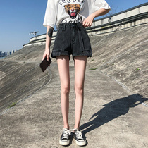 Black denim shorts womens high waist 2021 summer new Korean version loose thin a word wide leg hot pants tide ins