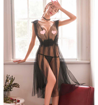 Ultra-thin mesh transparent sexy nightdress side slit tulle long skirt underwear pajamas set women