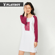 Playboy nightgown women spring and summer cotton pajamas cute round neck thin long sleeve dress ladies home clothes