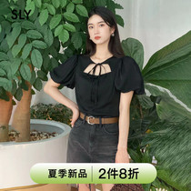 SLY 2022 Summer New Chest Front Hollowed-out Lacing Bubble Cuff Short Sleeve Shirt Woman 038FSL30-5850