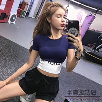 Yoga womens coat summer thin sexy navel stretch color matching stitching quick-drying fitness sports T-shirt short sleeve