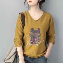 Short bu pilling cotton sweater round neck long sleeve base sweater thin cotton printing pullover thin sweater printing