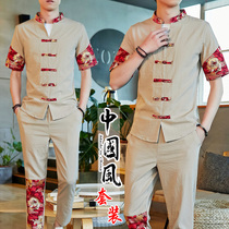 Summer cardigan suit men Chinese style buckle short sleeve set of clothes 2020 new casual ankle-length pants two-piece set