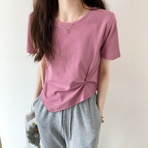 Design Sense Pleats Irregular Short Sleeves Pure Color T-shirt Woman New Design Sense slim fit with a slim fit jacket