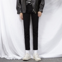 cuibuju Korean edition Black raw jeans mens casual pants slim-fit small feet nine-point pants pencil pants men
